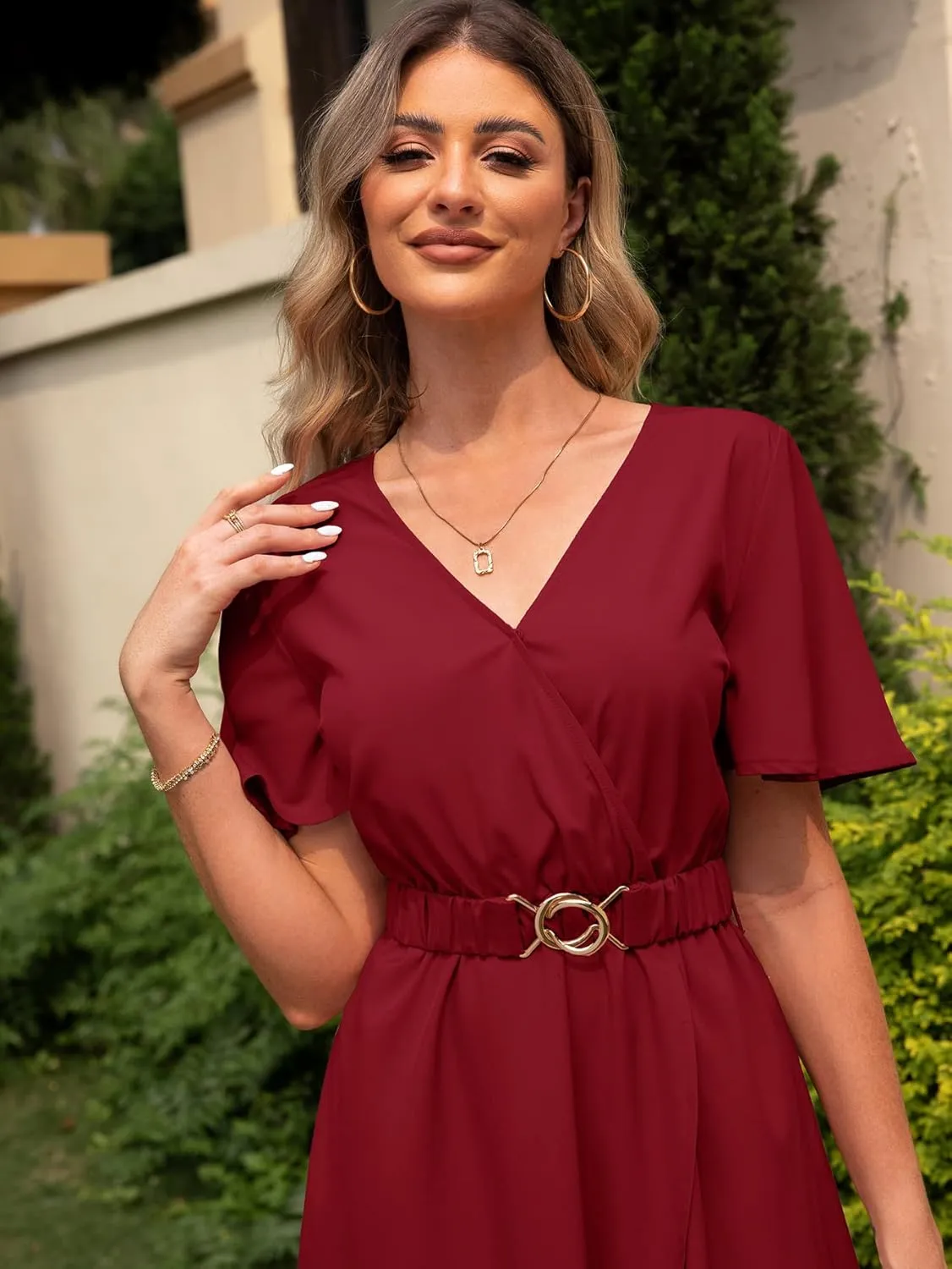 Miessial Womens Wrap Dress V Neck Summer Midi Dress Short Sleeve Casual Office Wear with Belt