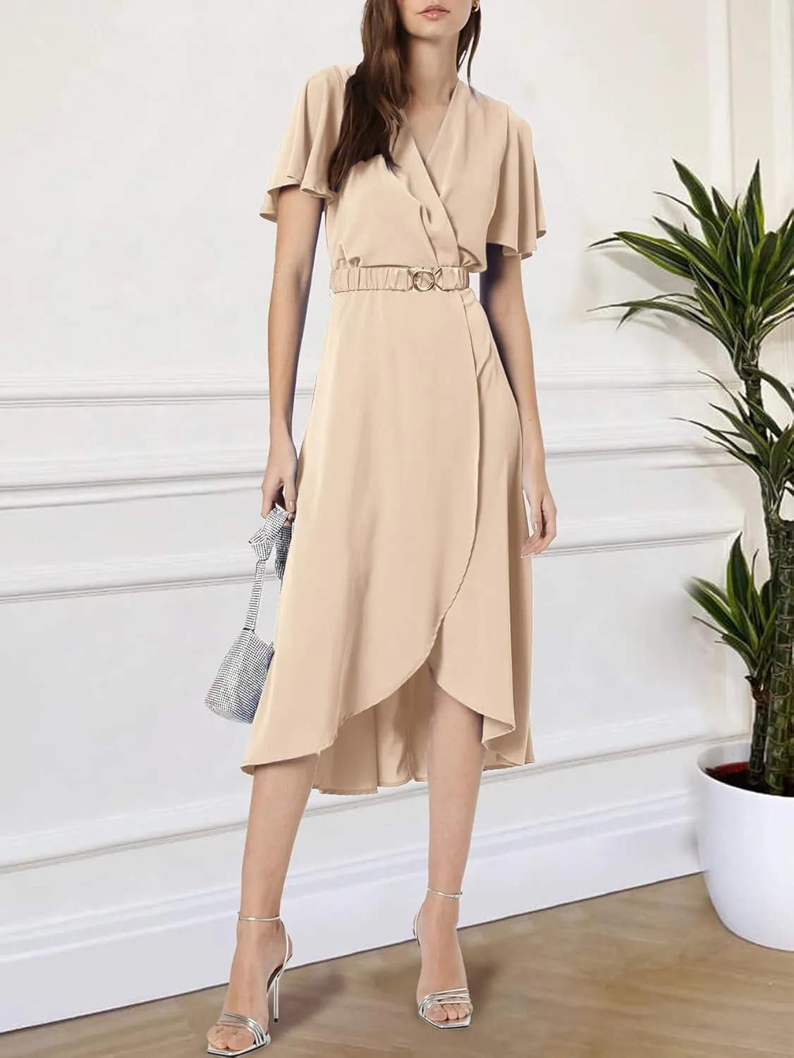 Miessial Womens Wrap Dress V Neck Summer Midi Dress Short Sleeve Casual Office Wear with Belt