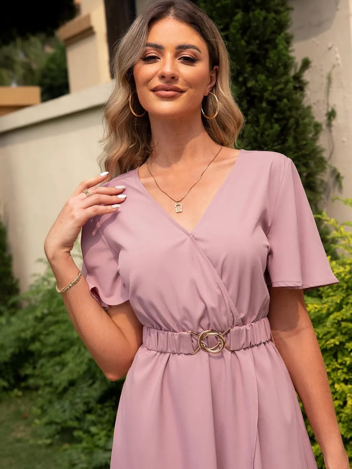 Miessial Womens Wrap Dress V Neck Summer Midi Dress Short Sleeve Casual Office Wear with Belt