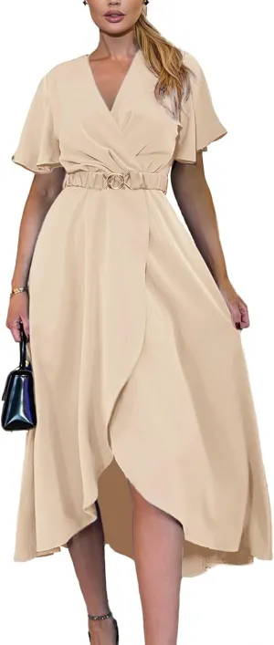 Miessial Womens Wrap Dress V Neck Summer Midi Dress Short Sleeve Casual Office Wear with Belt