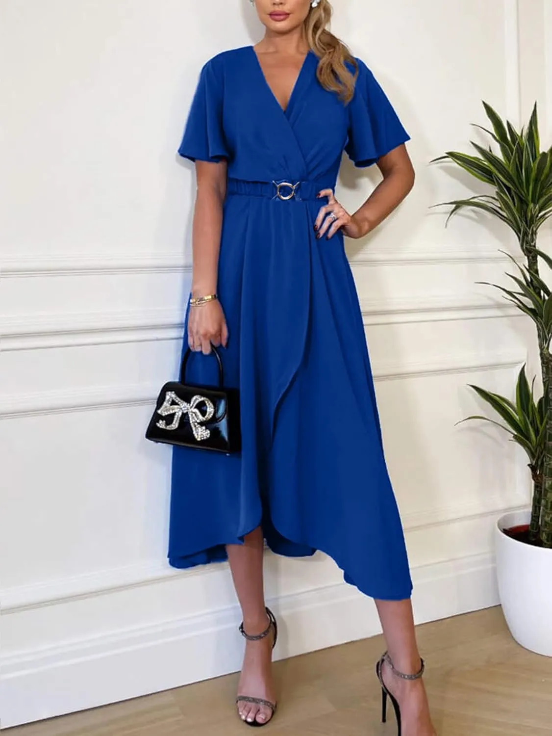 Miessial Womens Wrap Dress V Neck Summer Midi Dress Short Sleeve Casual Office Wear with Belt