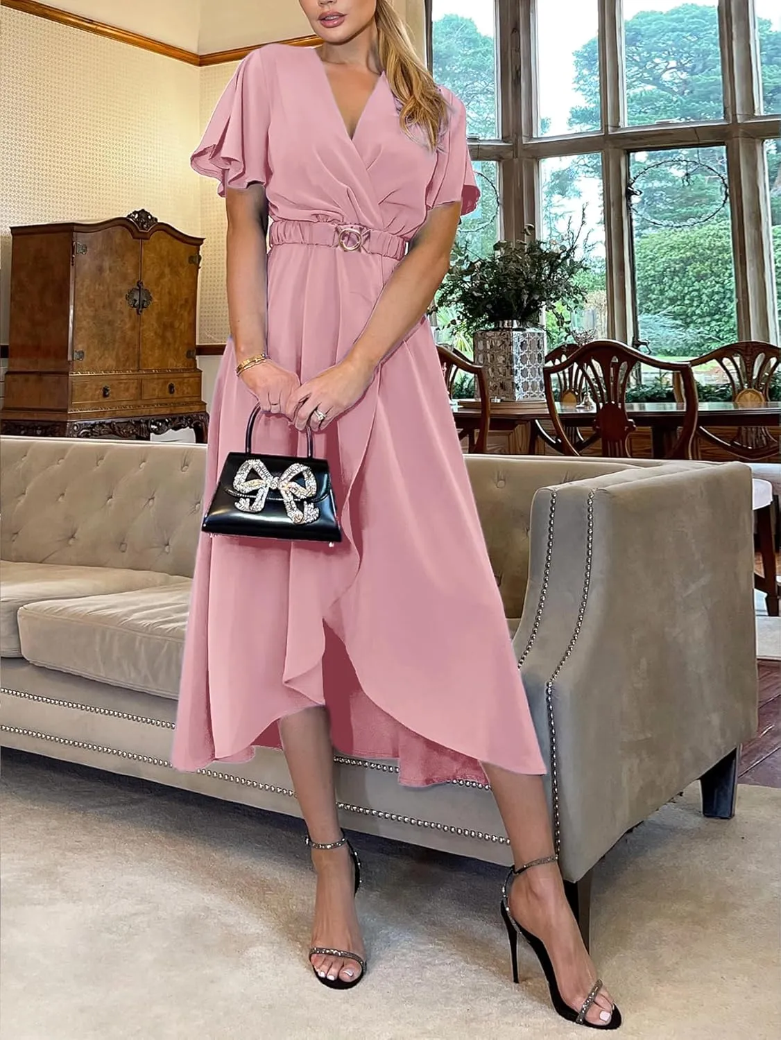 Miessial Womens Wrap Dress V Neck Summer Midi Dress Short Sleeve Casual Office Wear with Belt