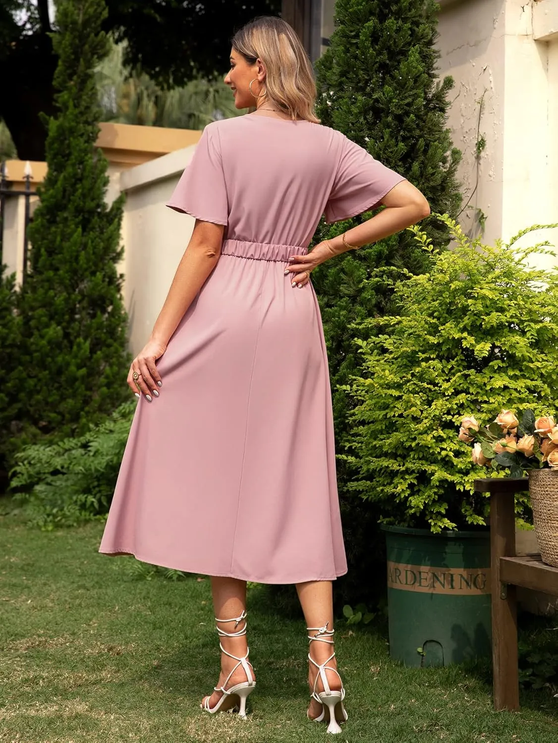 Miessial Womens Wrap Dress V Neck Summer Midi Dress Short Sleeve Casual Office Wear with Belt
