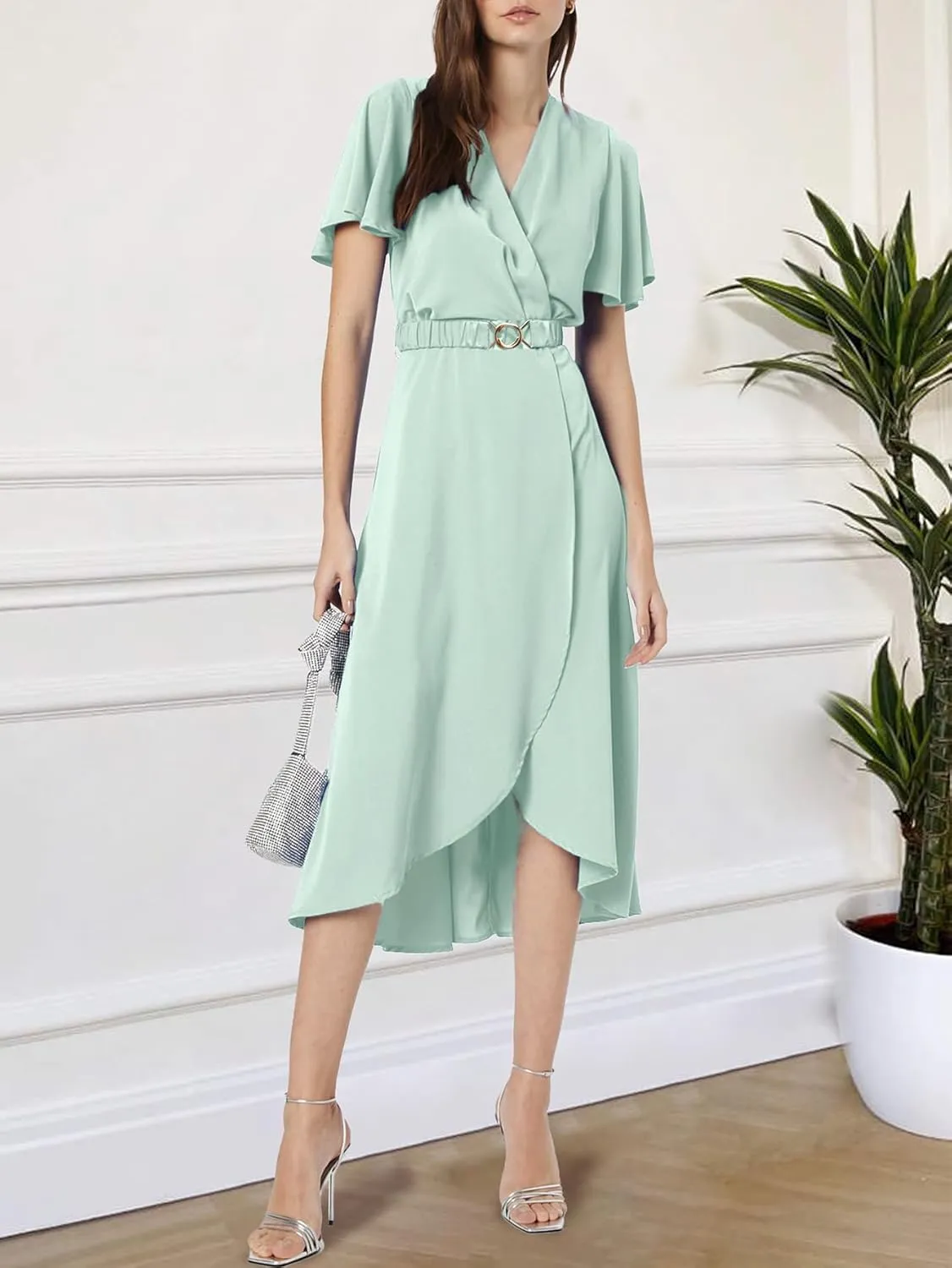 Miessial Womens Wrap Dress V Neck Summer Midi Dress Short Sleeve Casual Office Wear with Belt