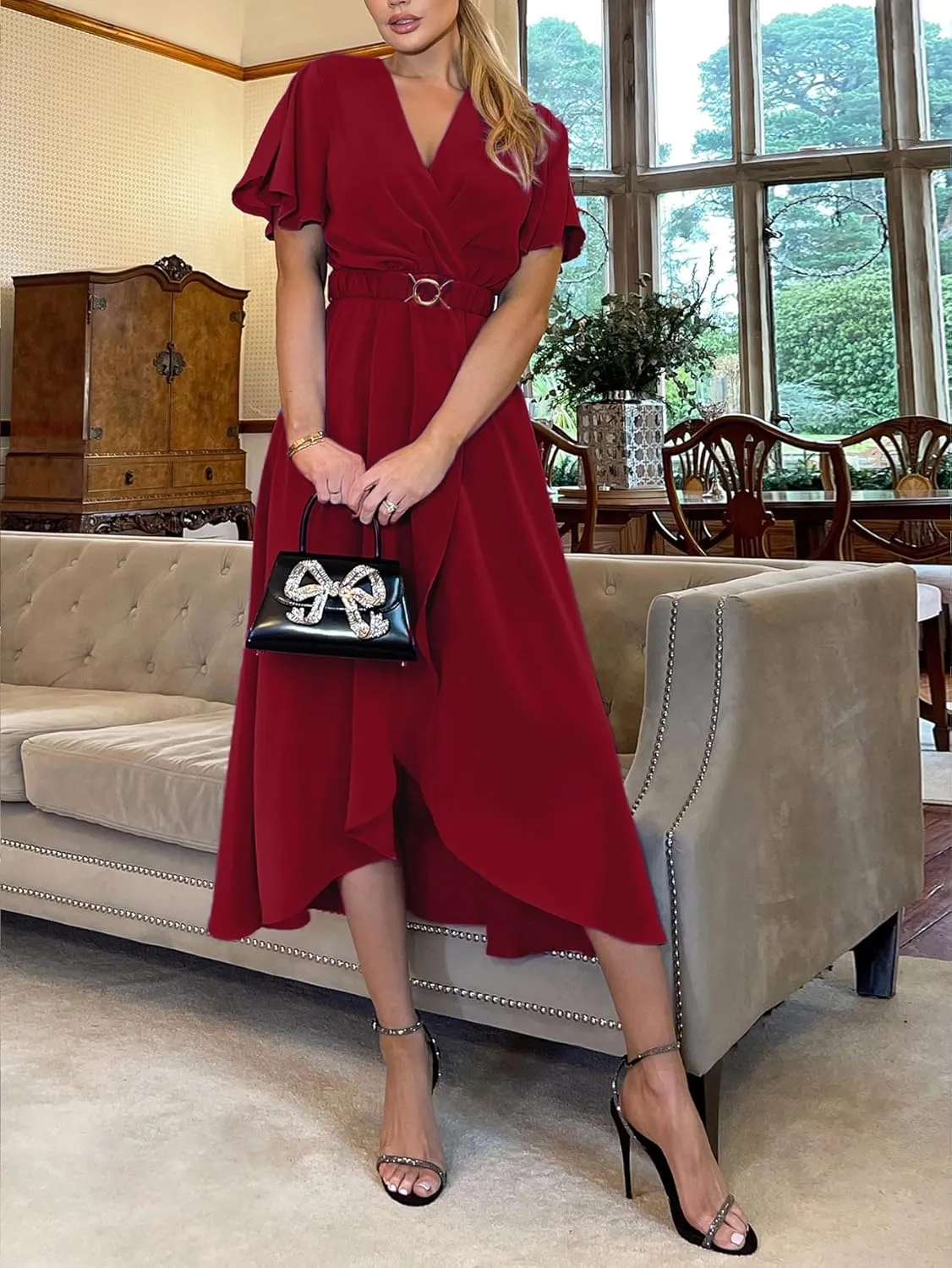 Miessial Womens Wrap Dress V Neck Summer Midi Dress Short Sleeve Casual Office Wear with Belt