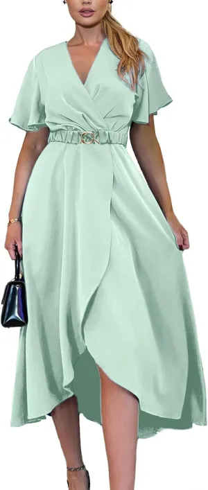 Miessial Womens Wrap Dress V Neck Summer Midi Dress Short Sleeve Casual Office Wear with Belt