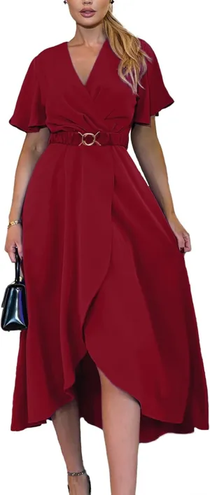 Miessial Womens Wrap Dress V Neck Summer Midi Dress Short Sleeve Casual Office Wear with Belt