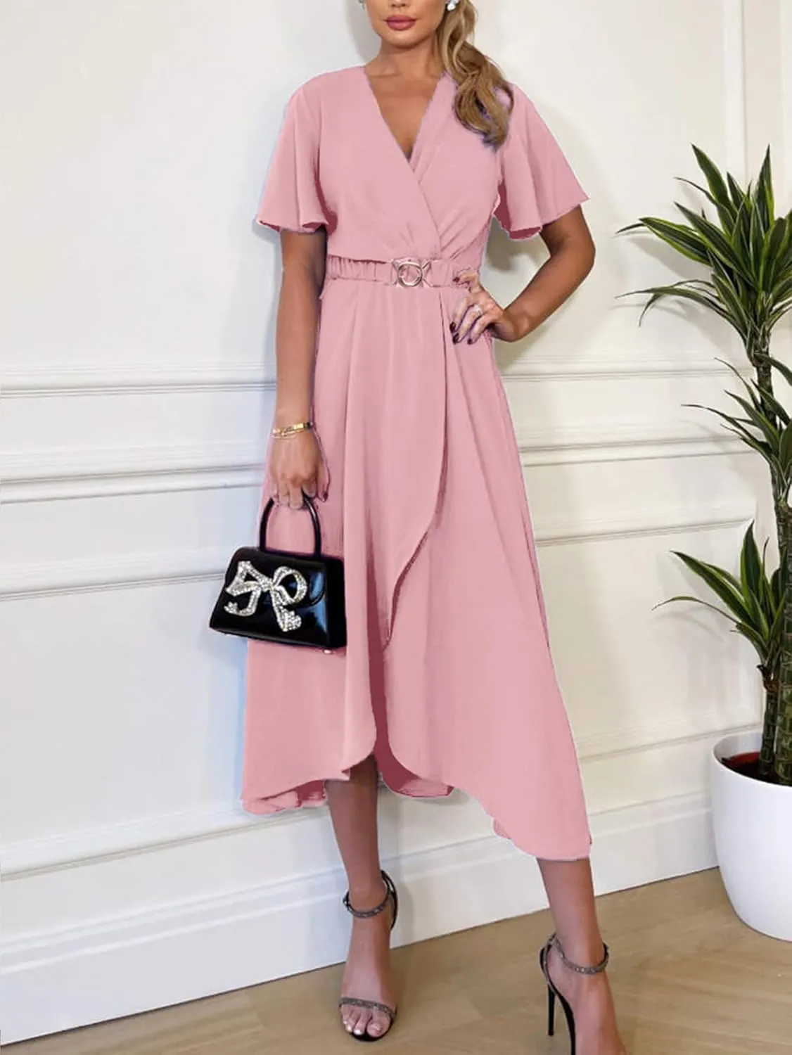 Miessial Womens Wrap Dress V Neck Summer Midi Dress Short Sleeve Casual Office Wear with Belt