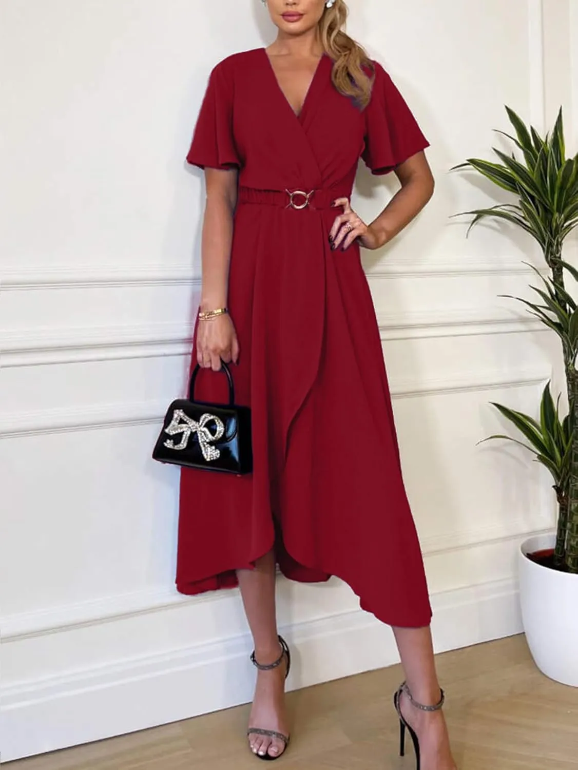 Miessial Womens Wrap Dress V Neck Summer Midi Dress Short Sleeve Casual Office Wear with Belt