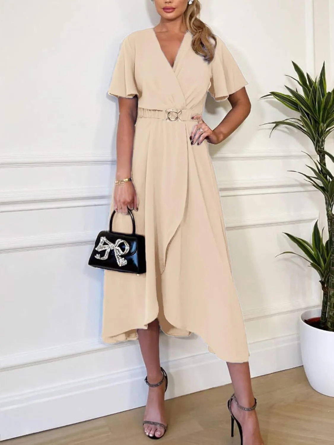Miessial Womens Wrap Dress V Neck Summer Midi Dress Short Sleeve Casual Office Wear with Belt
