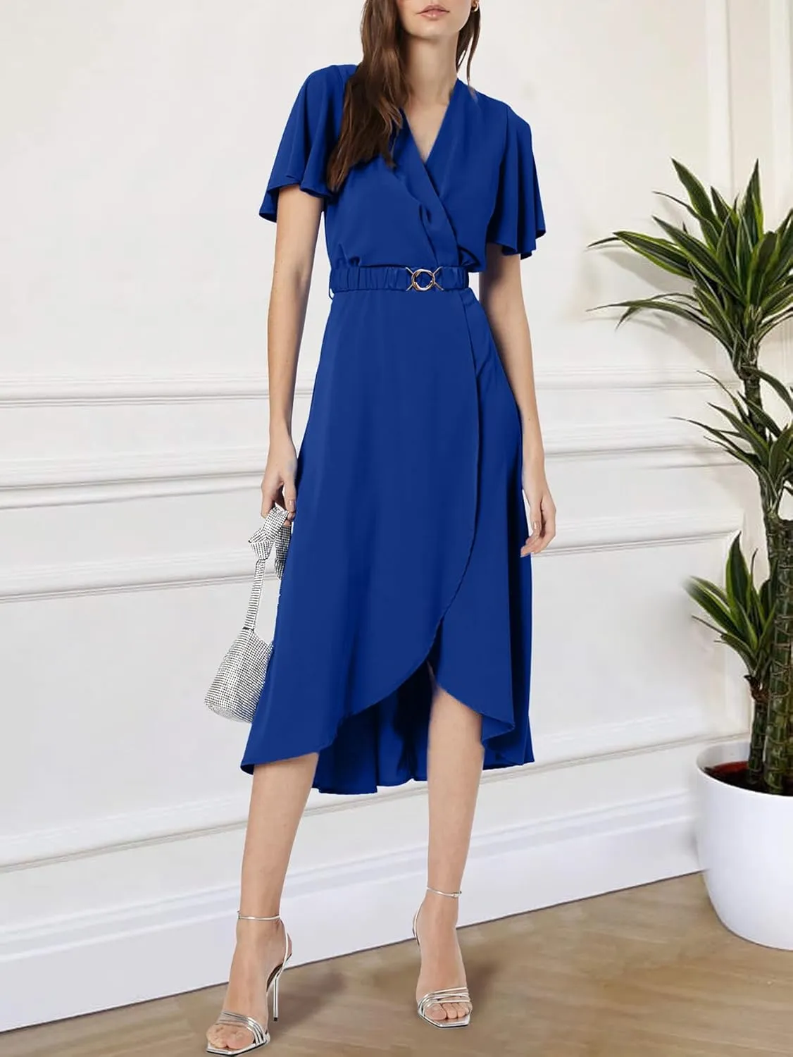 Miessial Womens Wrap Dress V Neck Summer Midi Dress Short Sleeve Casual Office Wear with Belt