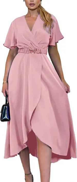 Miessial Womens Wrap Dress V Neck Summer Midi Dress Short Sleeve Casual Office Wear with Belt