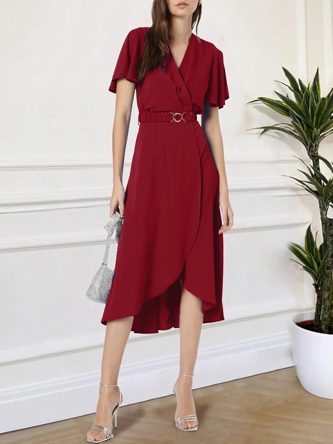 Miessial Womens Wrap Dress V Neck Summer Midi Dress Short Sleeve Casual Office Wear with Belt