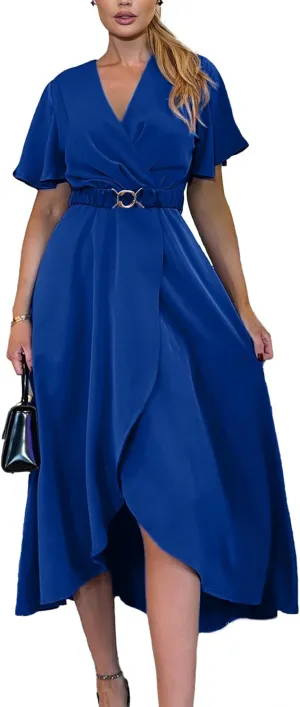 Miessial Womens Wrap Dress V Neck Summer Midi Dress Short Sleeve Casual Office Wear with Belt