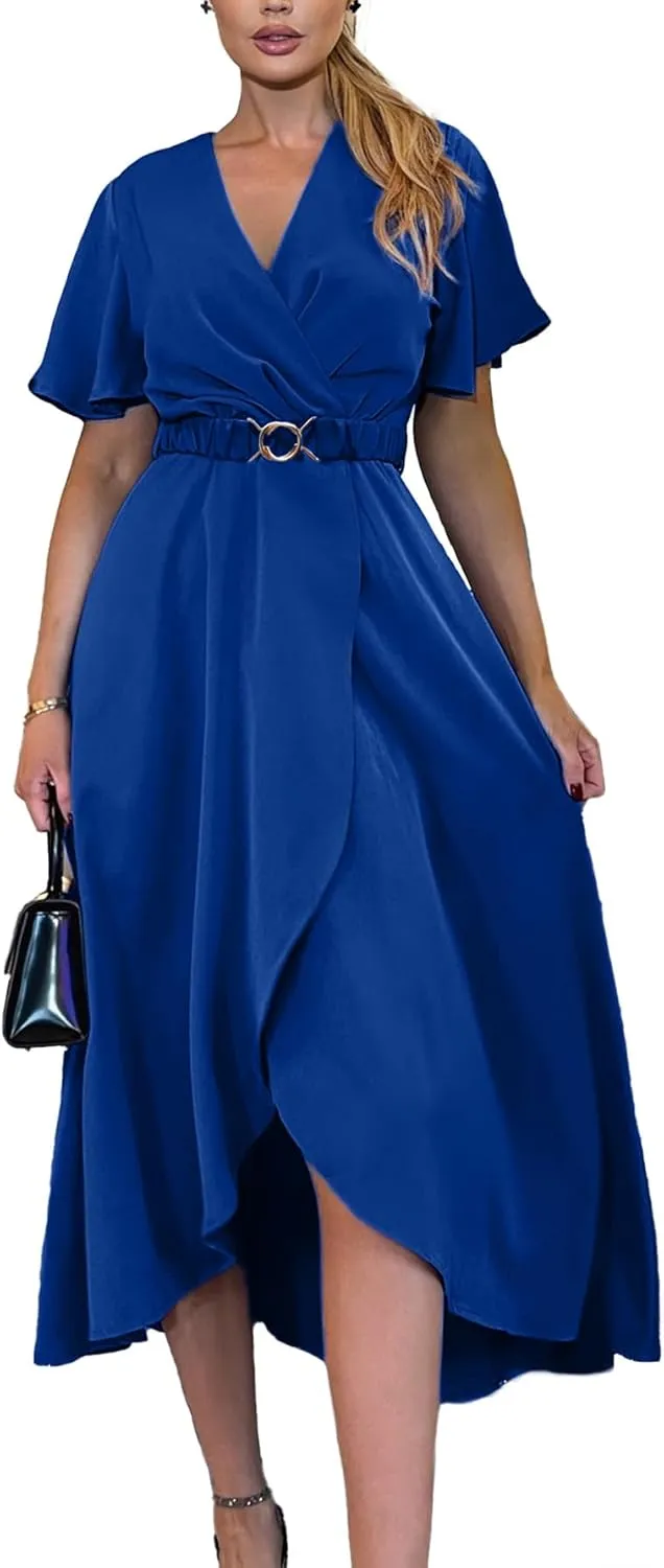 Miessial Womens Wrap Dress V Neck Summer Midi Dress Short Sleeve Casual Office Wear with Belt