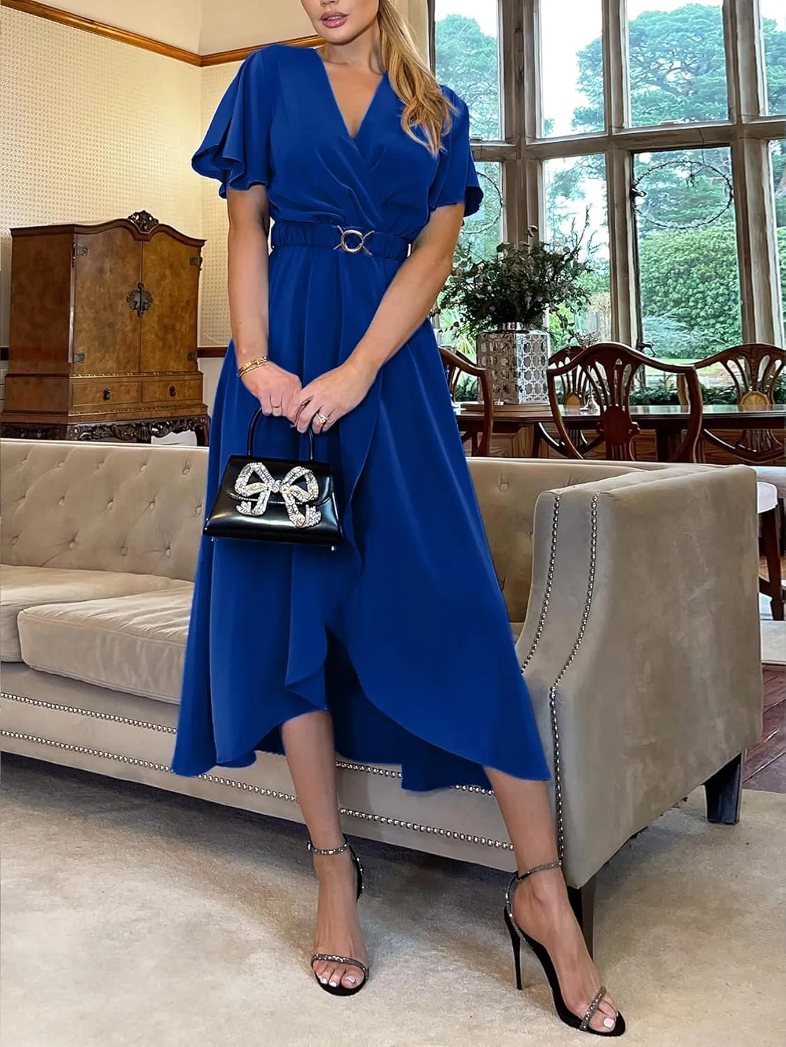 Miessial Womens Wrap Dress V Neck Summer Midi Dress Short Sleeve Casual Office Wear with Belt