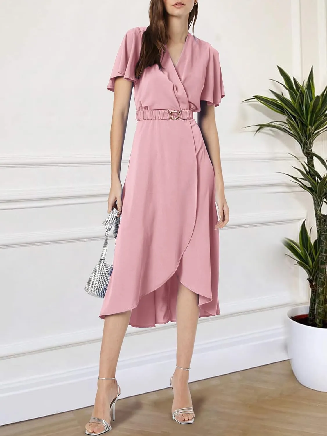 Miessial Womens Wrap Dress V Neck Summer Midi Dress Short Sleeve Casual Office Wear with Belt