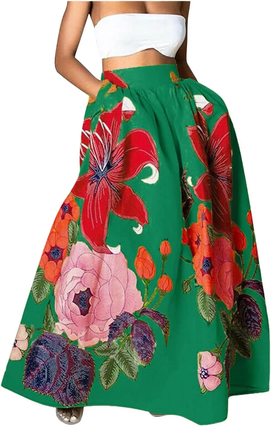 Miyaomn Women's Boho Floral Printed Maxi Skirt Summer Beach High Waisted Mopping Floor Length A Line Long Skirts with Pockets