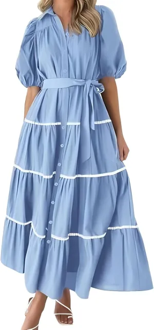 Miyaomn Women's Summer Button Down Shirt Dress V Neck Tie Waist Half Puffy Sleeve Dress Tiered Ruffle Flowy Long Maxi Dresses