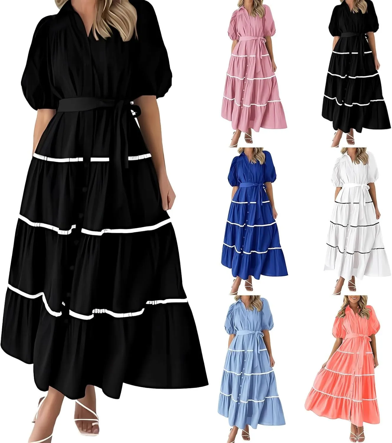 Miyaomn Women's Summer Button Down Shirt Dress V Neck Tie Waist Half Puffy Sleeve Dress Tiered Ruffle Flowy Long Maxi Dresses