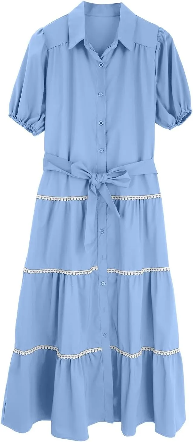 Miyaomn Women's Summer Button Down Shirt Dress V Neck Tie Waist Half Puffy Sleeve Dress Tiered Ruffle Flowy Long Maxi Dresses
