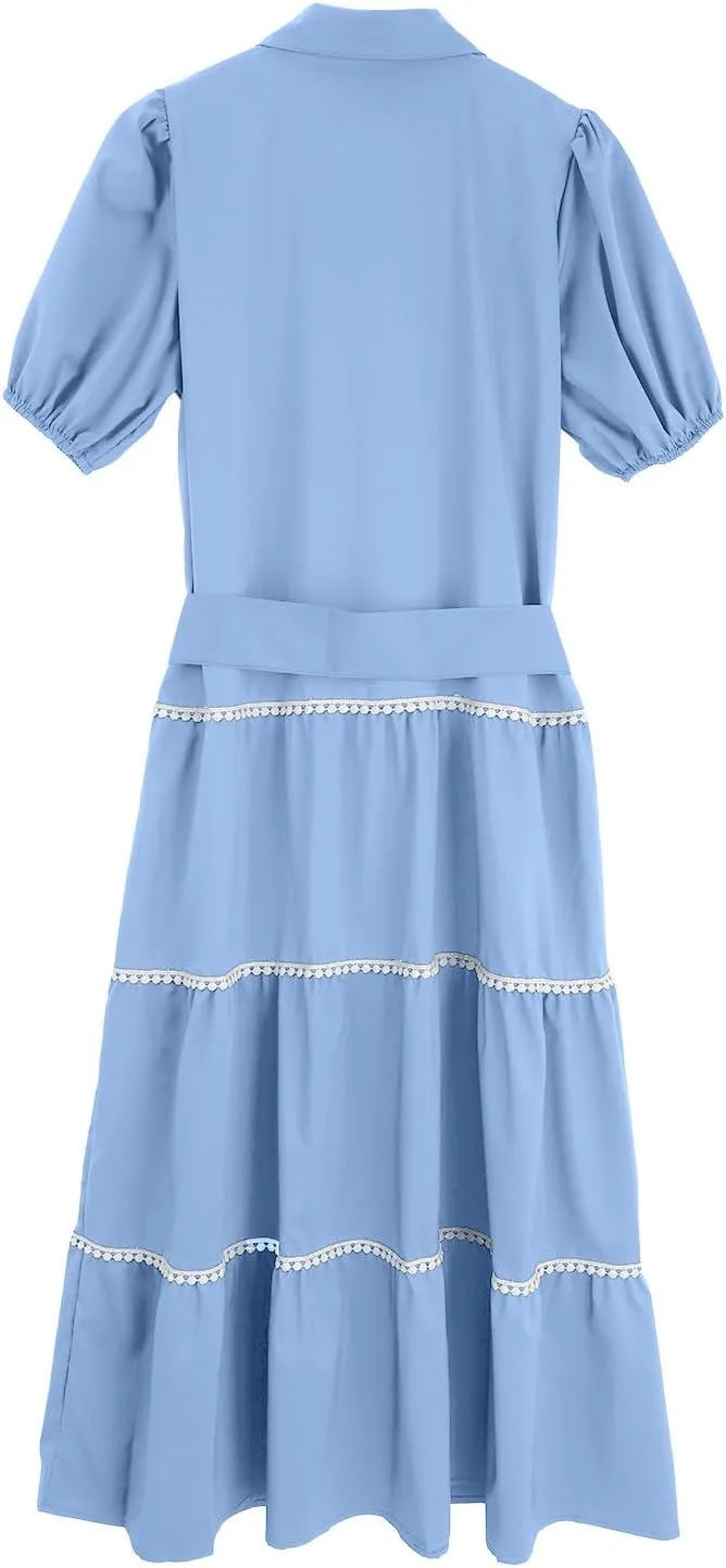 Miyaomn Women's Summer Button Down Shirt Dress V Neck Tie Waist Half Puffy Sleeve Dress Tiered Ruffle Flowy Long Maxi Dresses