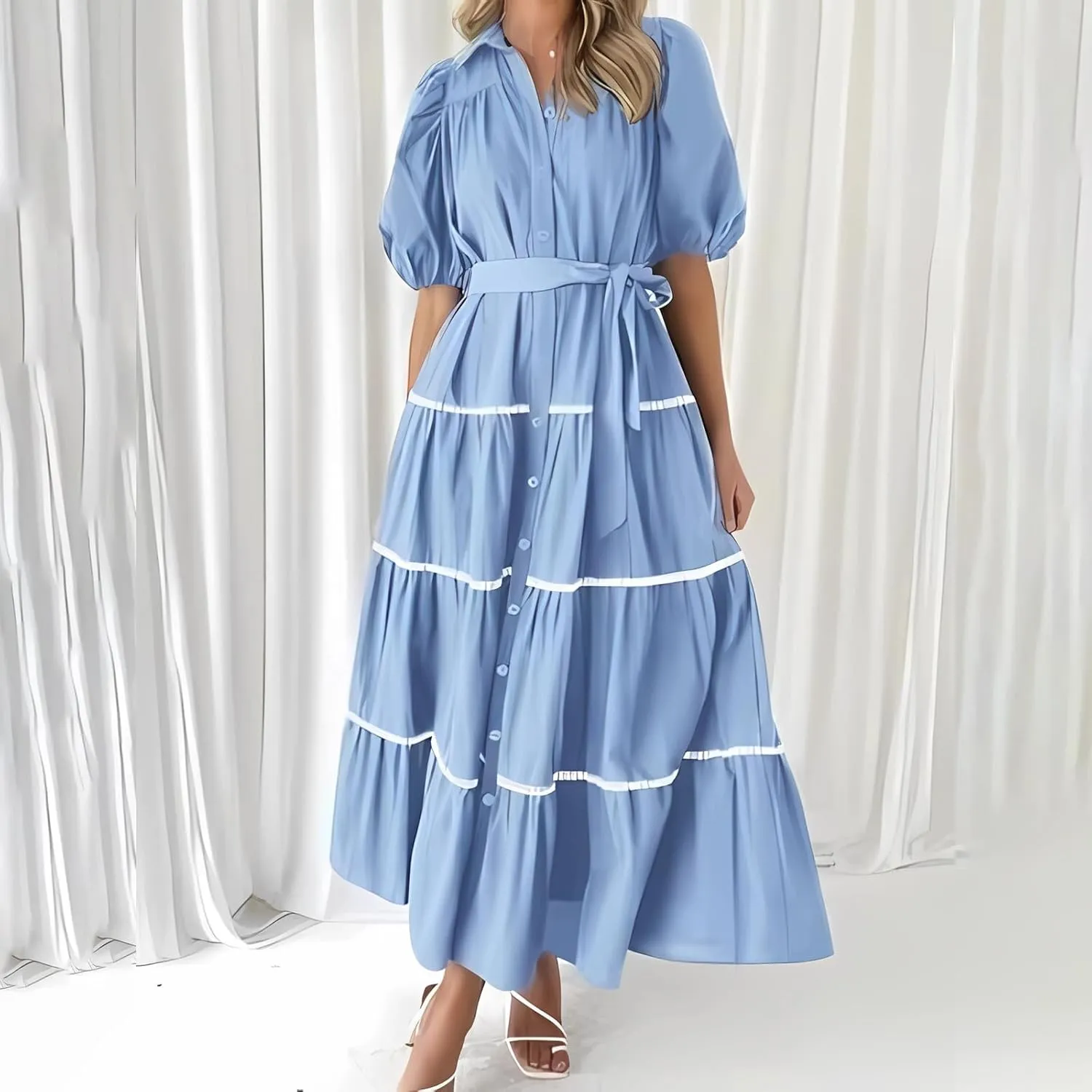 Miyaomn Women's Summer Button Down Shirt Dress V Neck Tie Waist Half Puffy Sleeve Dress Tiered Ruffle Flowy Long Maxi Dresses