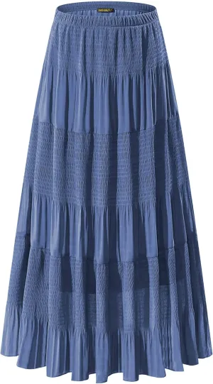 NASHALYLY Women's Chiffon Elastic High Waist Pleated A-Line Flared Maxi Skirts