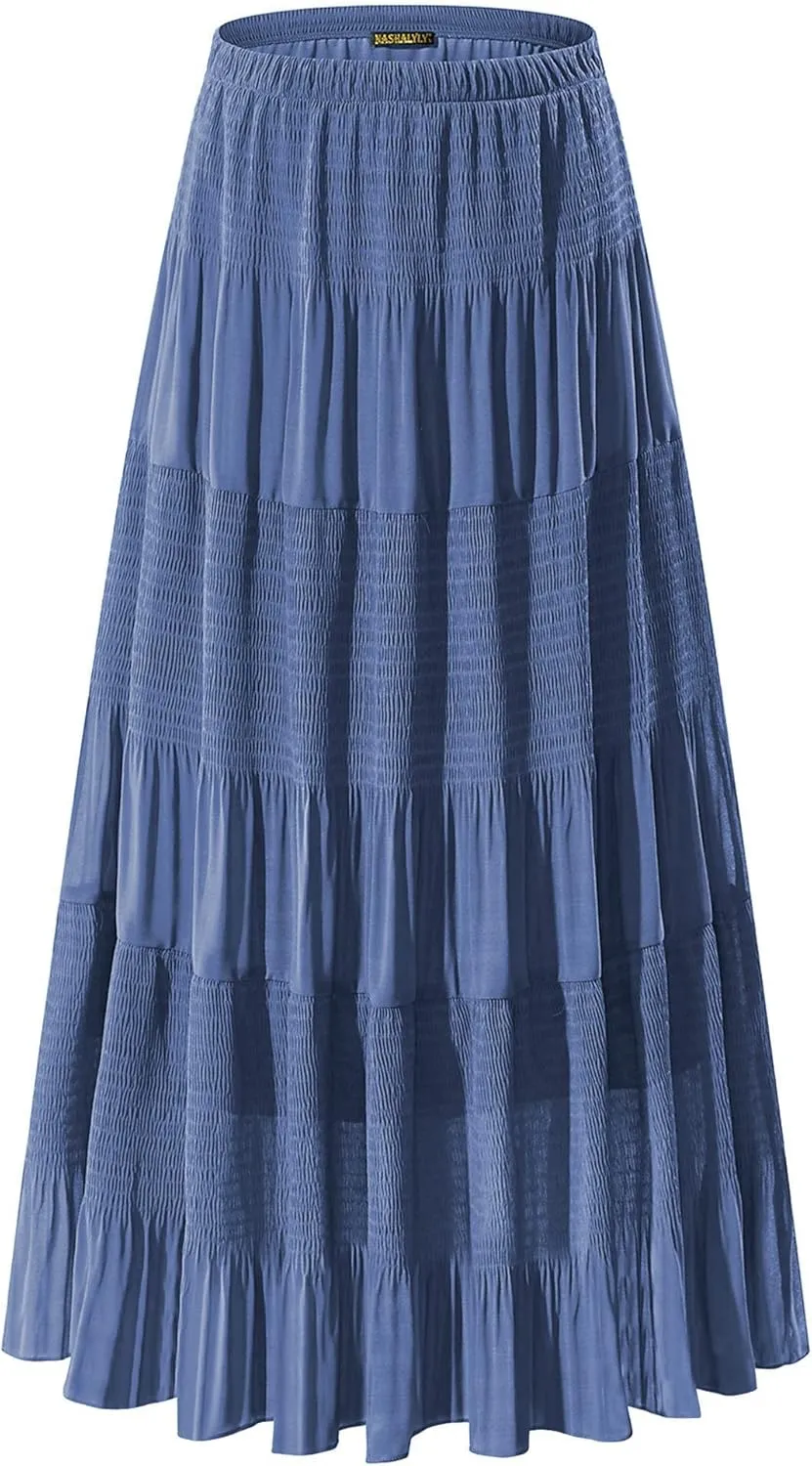 NASHALYLY Women's Chiffon Elastic High Waist Pleated A-Line Flared Maxi Skirts