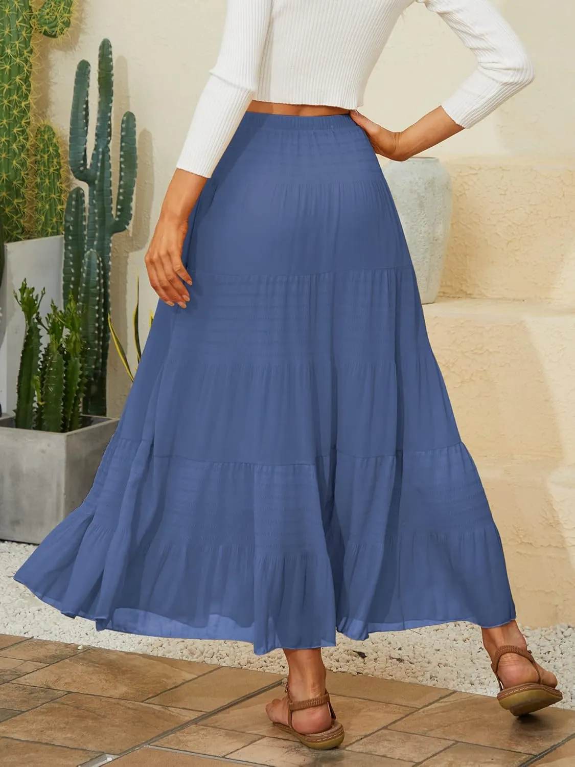 NASHALYLY Women's Chiffon Elastic High Waist Pleated A-Line Flared Maxi Skirts