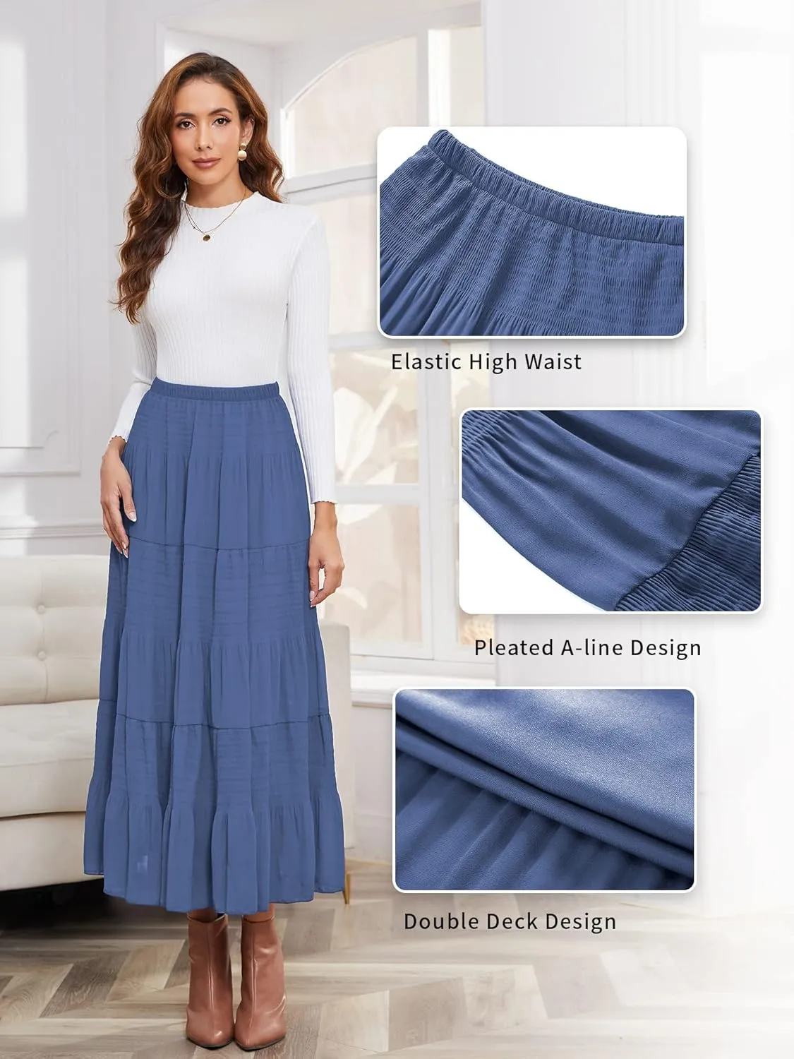 NASHALYLY Women's Chiffon Elastic High Waist Pleated A-Line Flared Maxi Skirts