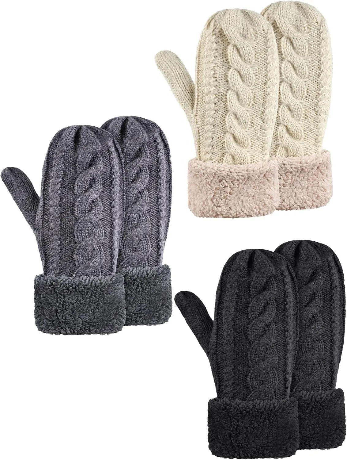 Newcotte 3 Pairs Winter Gloves Mittens for Women Knitted Fleece Wool Mittens for Women Furry Cuff Cold Weather Warm Lining Cozy Mittens, Black Beige Dark Gray