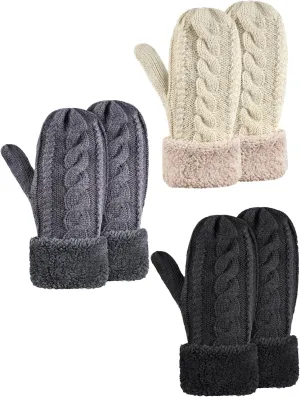 Newcotte 3 Pairs Winter Gloves Mittens for Women Knitted Fleece Wool Mittens for Women Furry Cuff Cold Weather Warm Lining Cozy Mittens, Black Beige Dark Gray