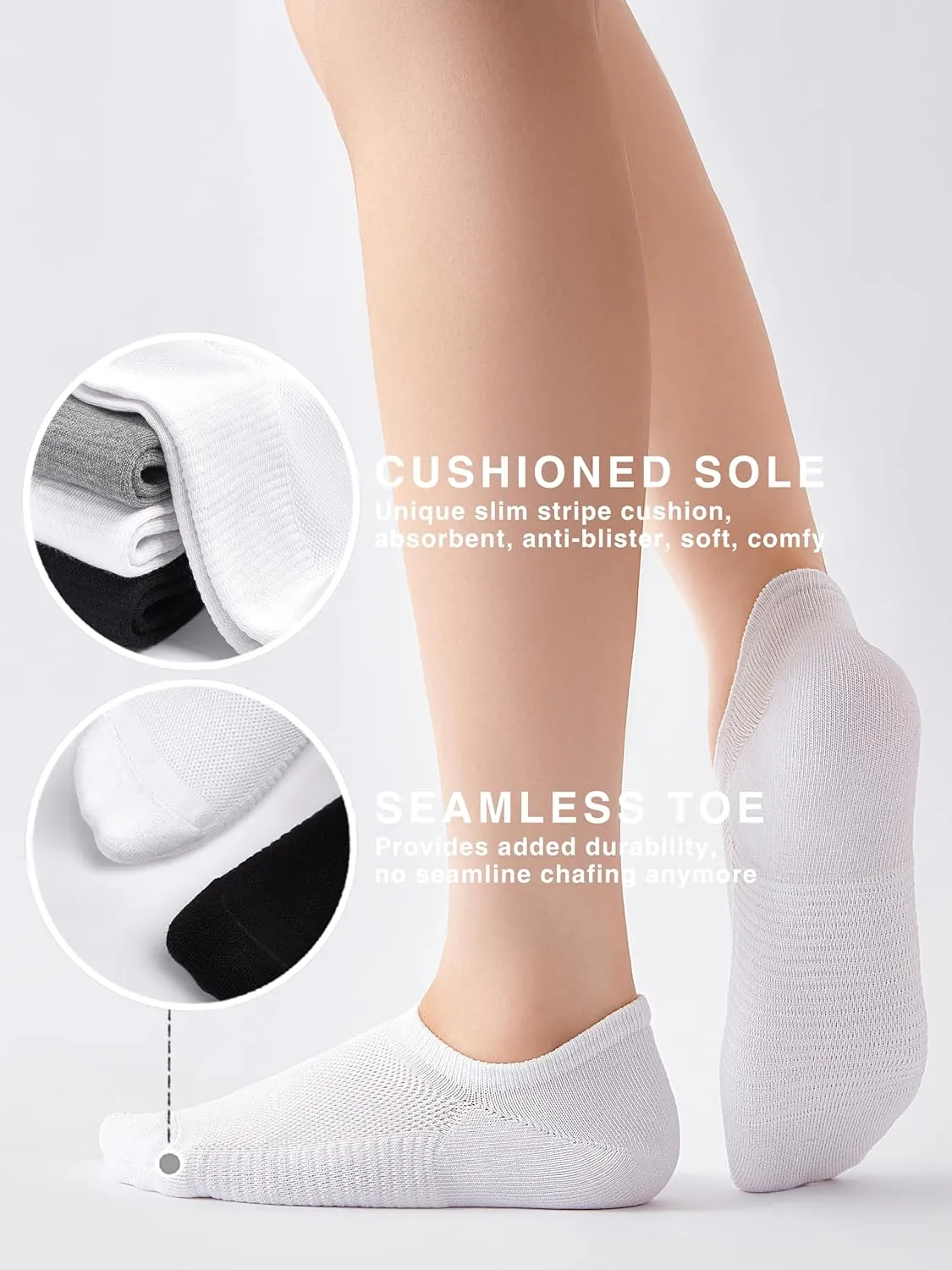 No Show Socks for Women & Men, Non-Slip Low Cut, Moisture-Wicking, Invisible Athletic Cotton Socks 6 Pairs
