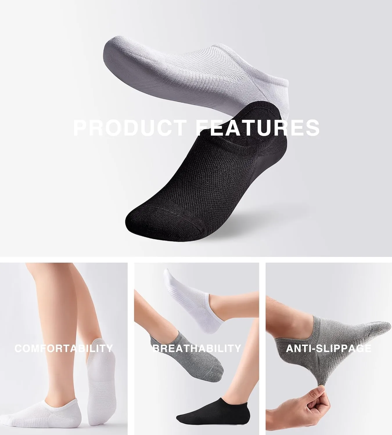 No Show Socks for Women & Men, Non-Slip Low Cut, Moisture-Wicking, Invisible Athletic Cotton Socks 6 Pairs