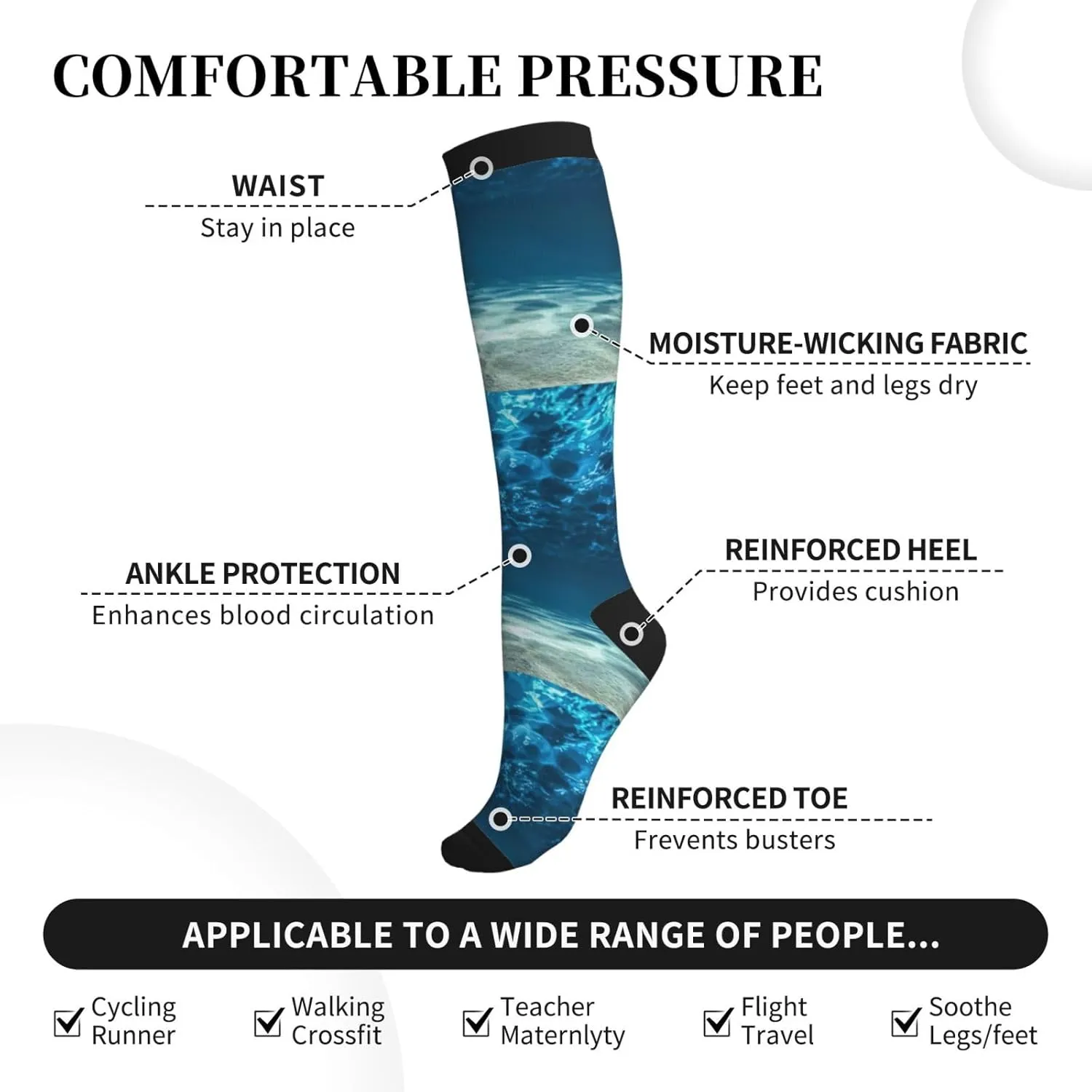 Ocean. Print Circulation Compression Socks For Plantar Fasciitis Edema And Post Surgery