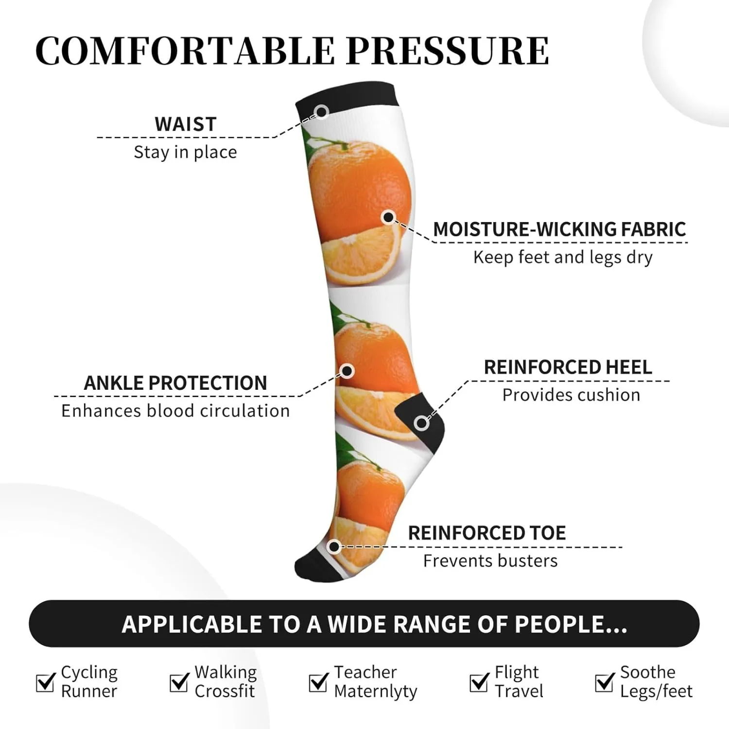 Orange Print Circulation Compression Socks For Plantar Fasciitis Edema And Post Surgery