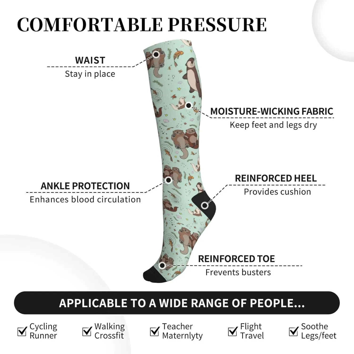 Otters Print Circulation Compression Socks For Plantar Fasciitis Edema And Post Surgery