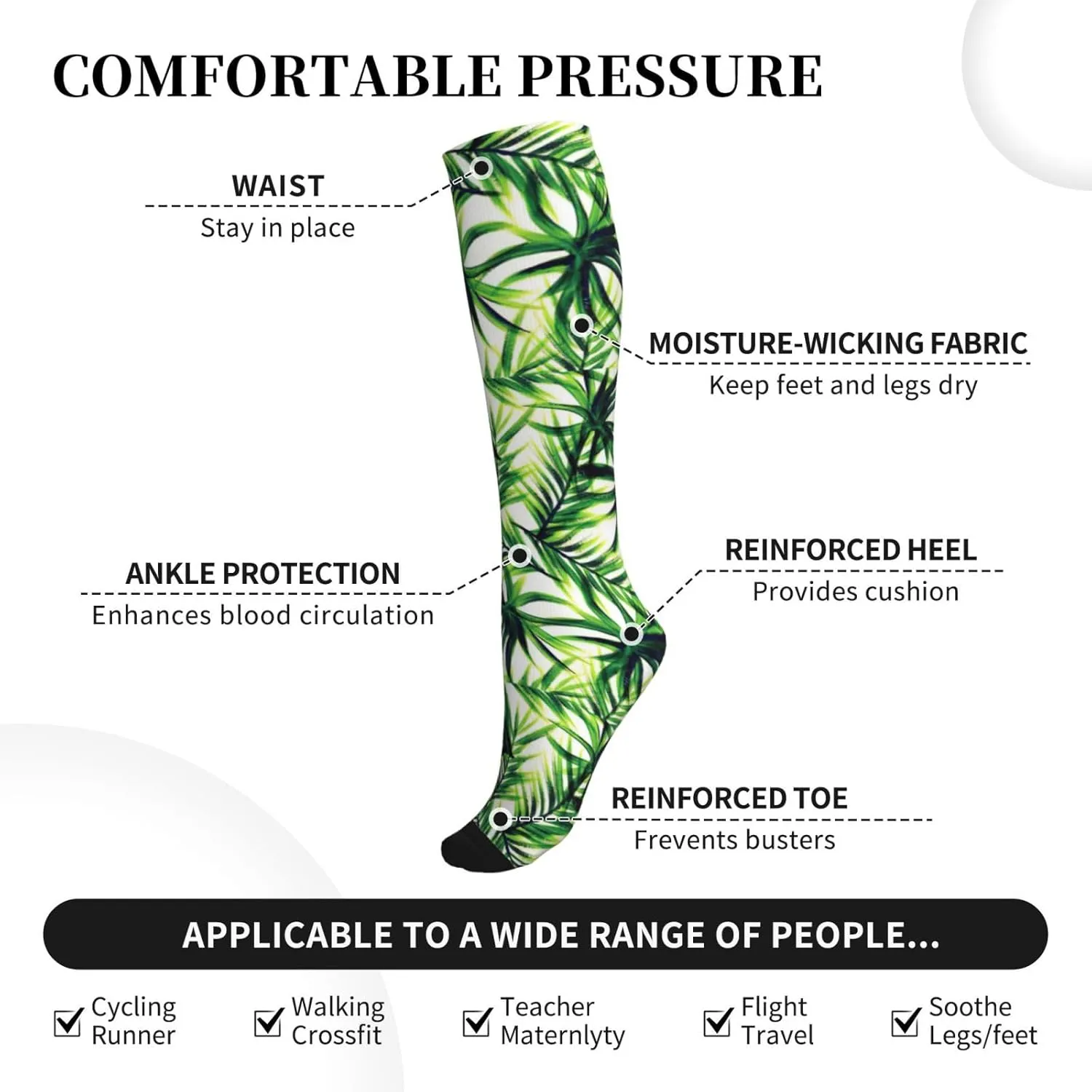 Palm Tree Green Leaves Print Circulation Compression Socks For Plantar Fasciitis Edema And Post Surgery