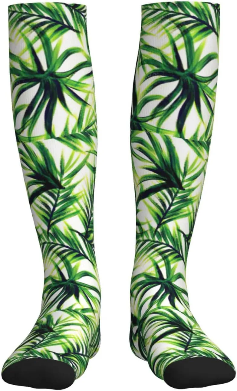 Palm Tree Green Leaves Print Circulation Compression Socks For Plantar Fasciitis Edema And Post Surgery