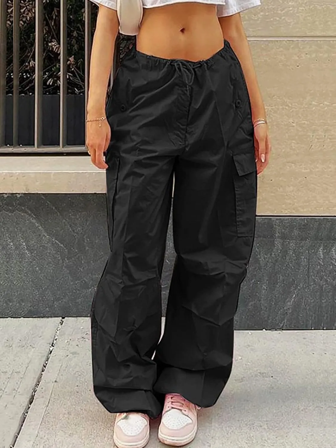 Parachute Pants for Women Elastic Waistline Drawstring Cargo Pants with Pockets Casual Hiking Pants