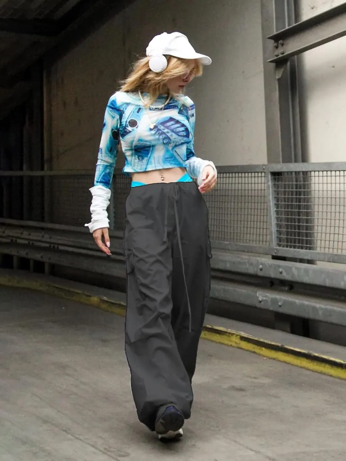 Parachute Pants for Women Elastic Waistline Drawstring Cargo Pants with Pockets Casual Hiking Pants