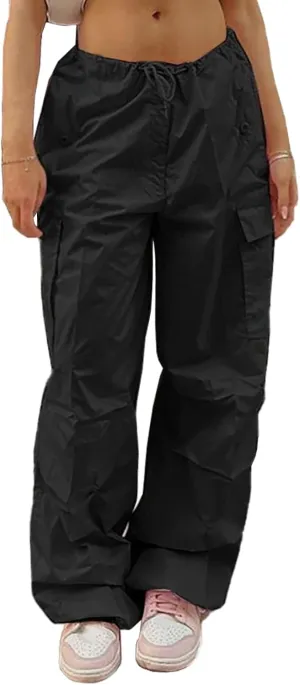 Parachute Pants for Women Elastic Waistline Drawstring Cargo Pants with Pockets Casual Hiking Pants