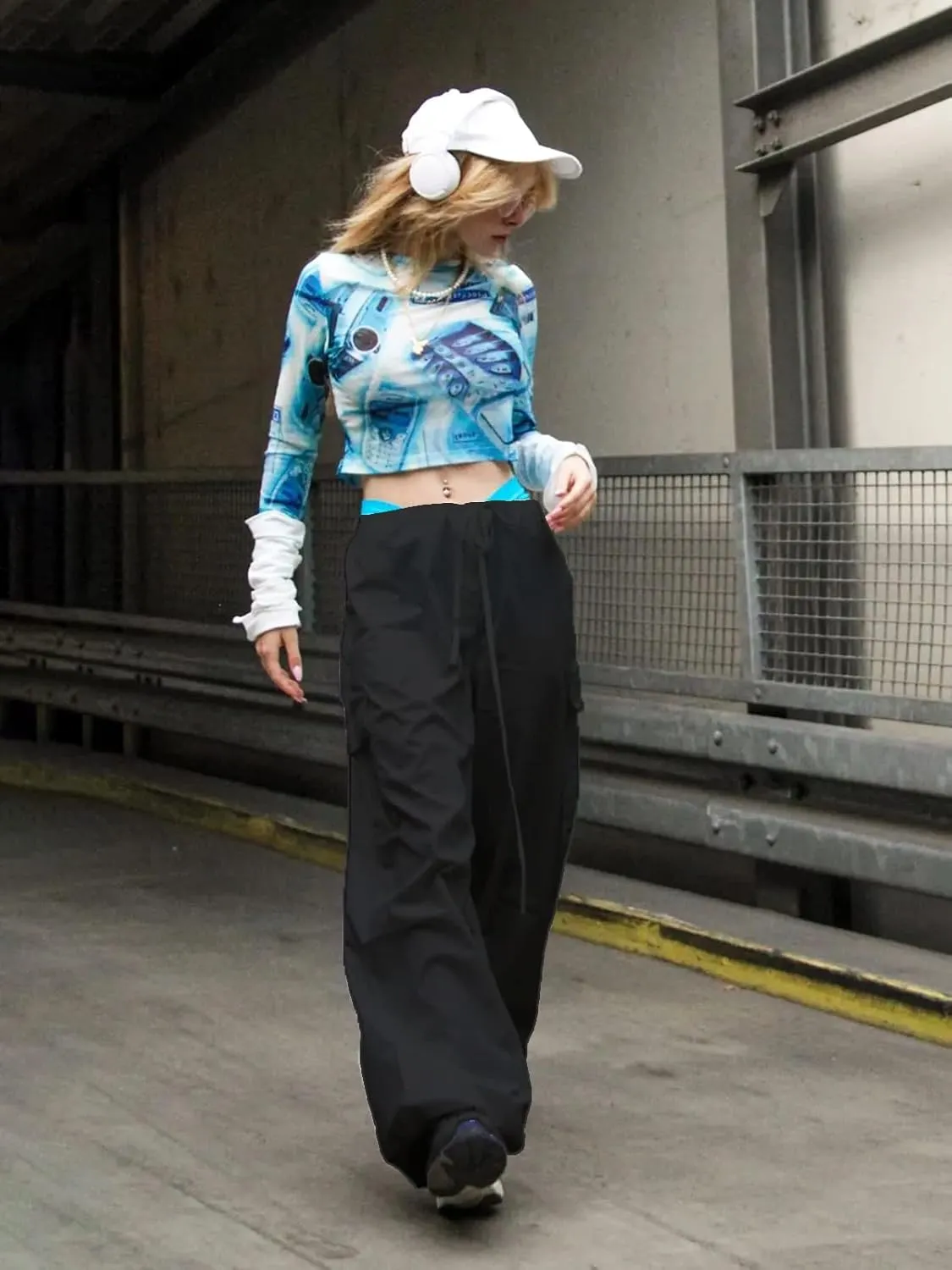 Parachute Pants for Women Elastic Waistline Drawstring Cargo Pants with Pockets Casual Hiking Pants