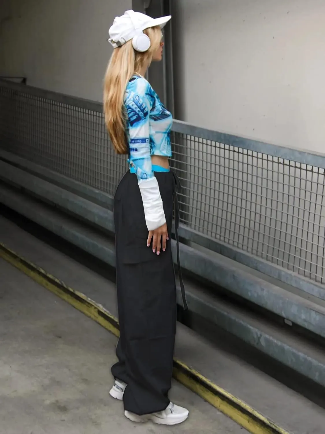 Parachute Pants for Women Elastic Waistline Drawstring Cargo Pants with Pockets Casual Hiking Pants