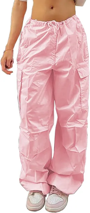Parachute Pants for Women Elastic Waistline Drawstring Cargo Pants with Pockets Casual Hiking Pants