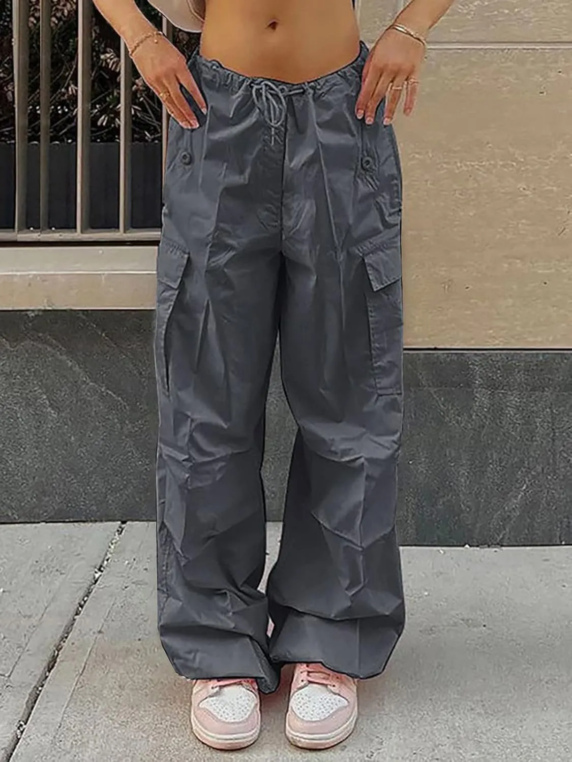 Parachute Pants for Women Elastic Waistline Drawstring Cargo Pants with Pockets Casual Hiking Pants