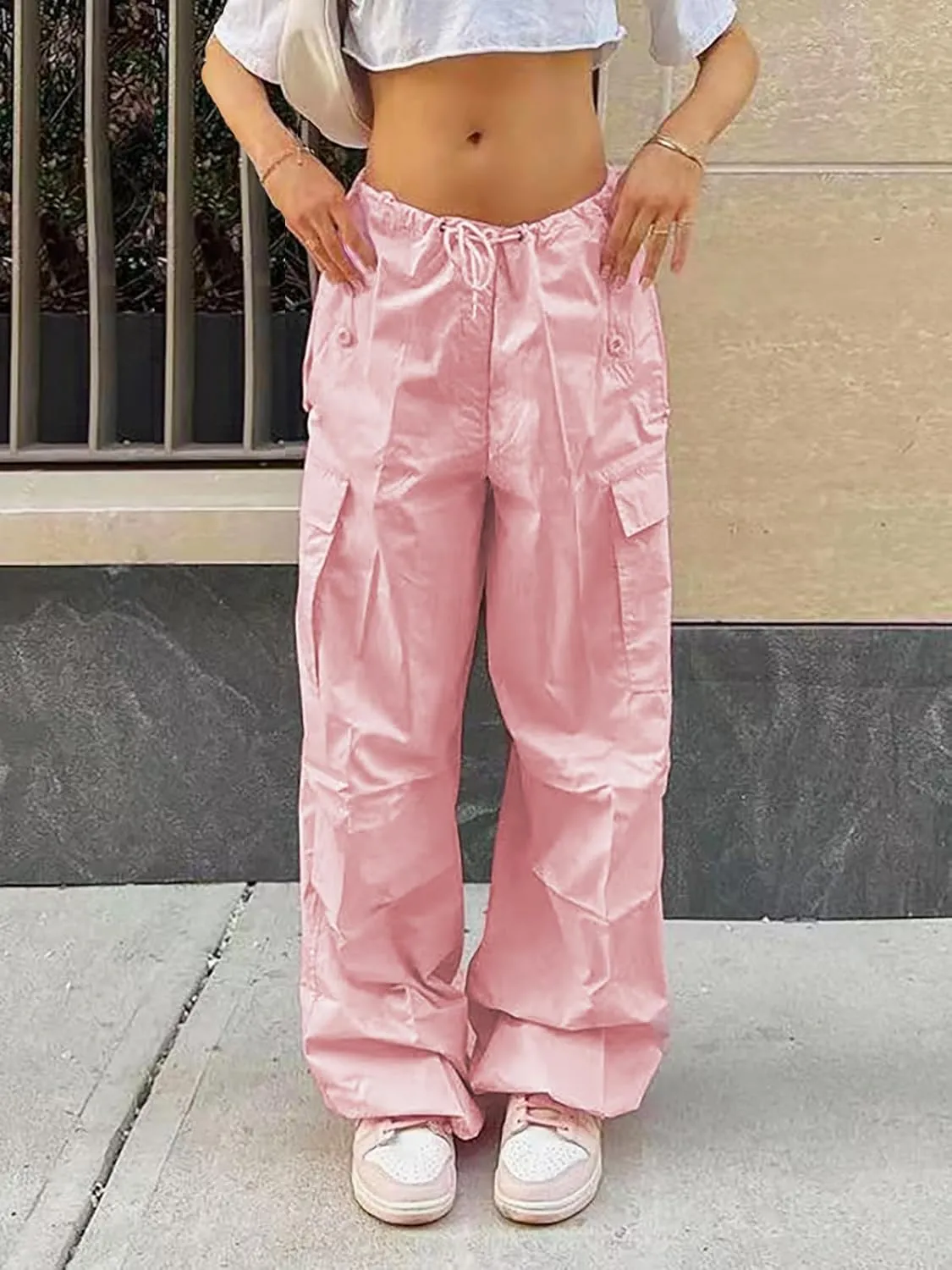 Parachute Pants for Women Elastic Waistline Drawstring Cargo Pants with Pockets Casual Hiking Pants