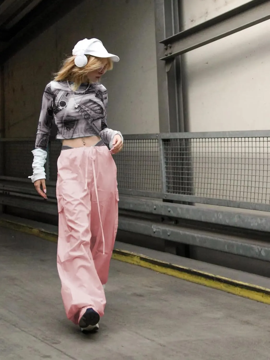 Parachute Pants for Women Elastic Waistline Drawstring Cargo Pants with Pockets Casual Hiking Pants