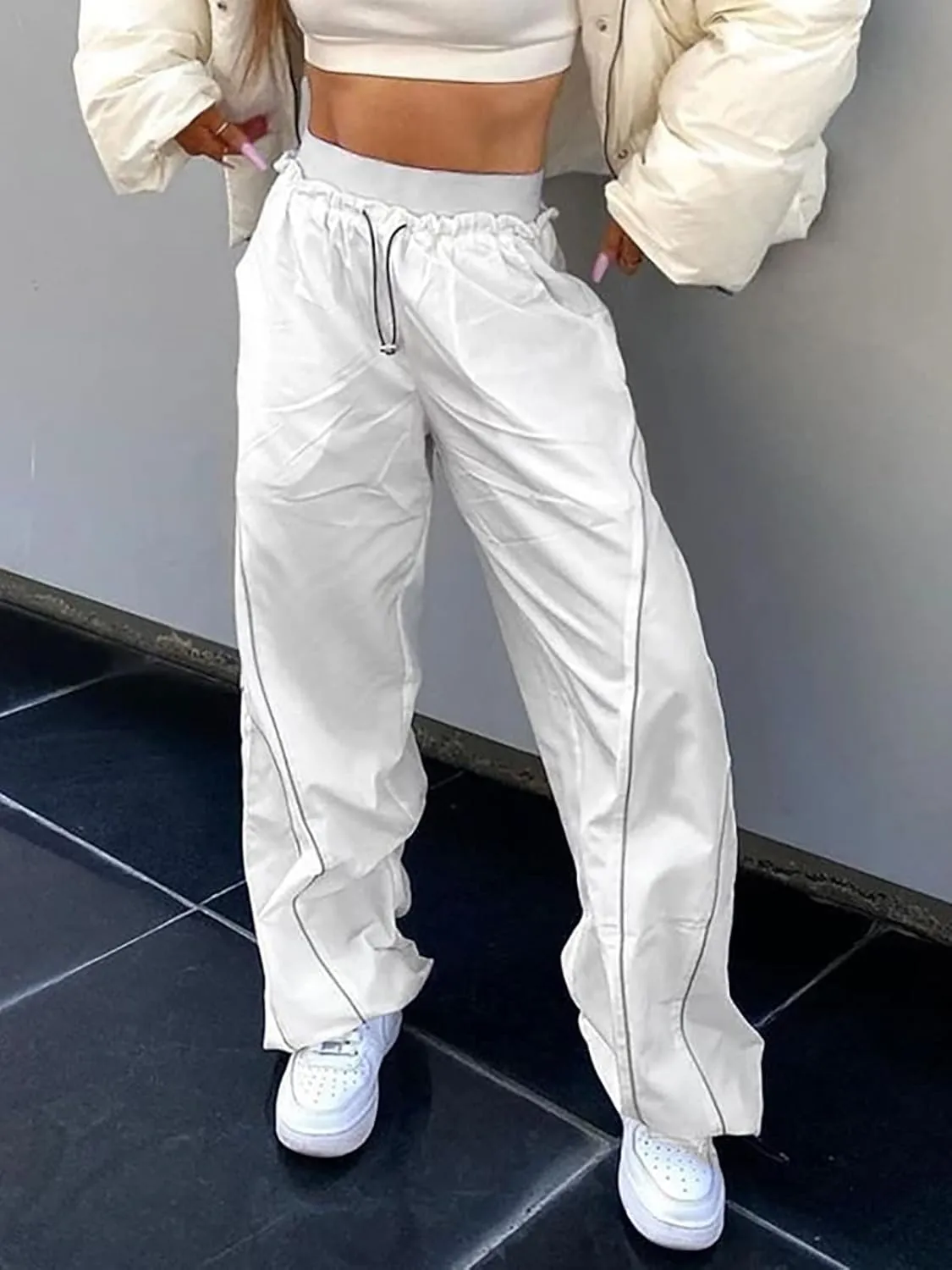 Parachute Pants for Women Elastic Waistline Drawstring Cargo Pants with Pockets Casual Hiking Pants